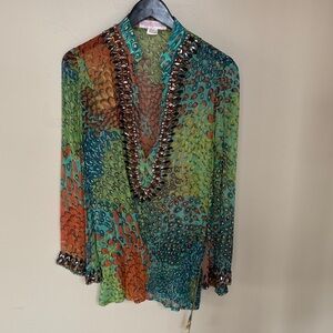 Monique Leshman Colorful Sheer Blouse with Ruffle Trim